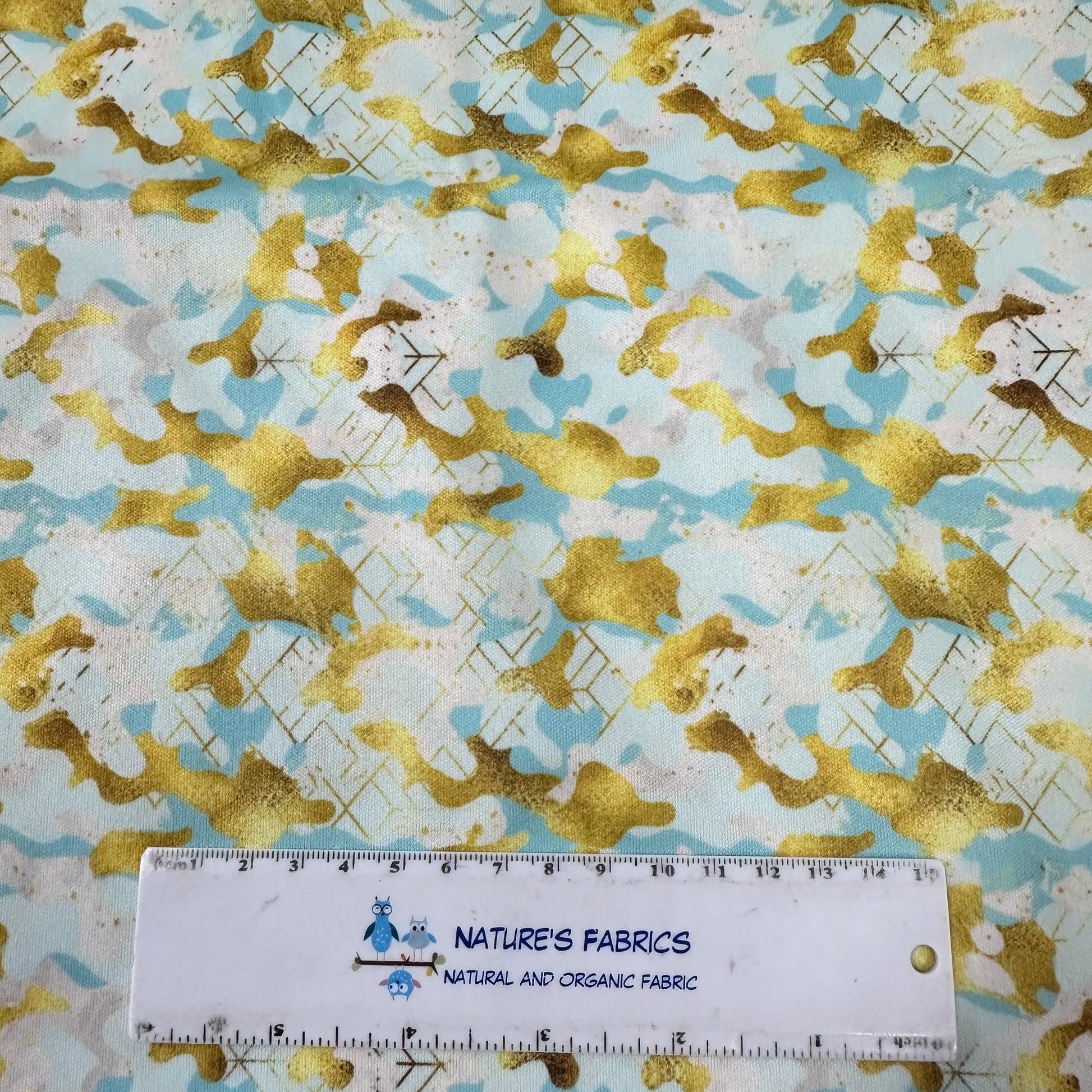 Aqua and Gold Camo 1 mil PUL Fabric - Made in the USA - Nature's Fabrics