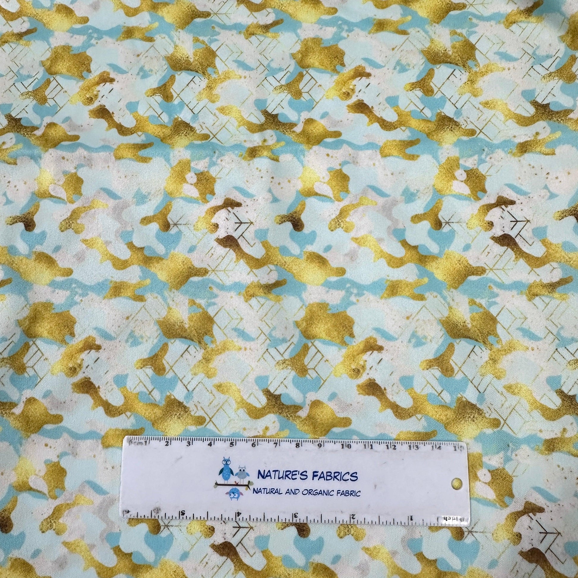 Aqua and Gold Camo 1 mil PUL Fabric - Made in the USA - Nature's Fabrics