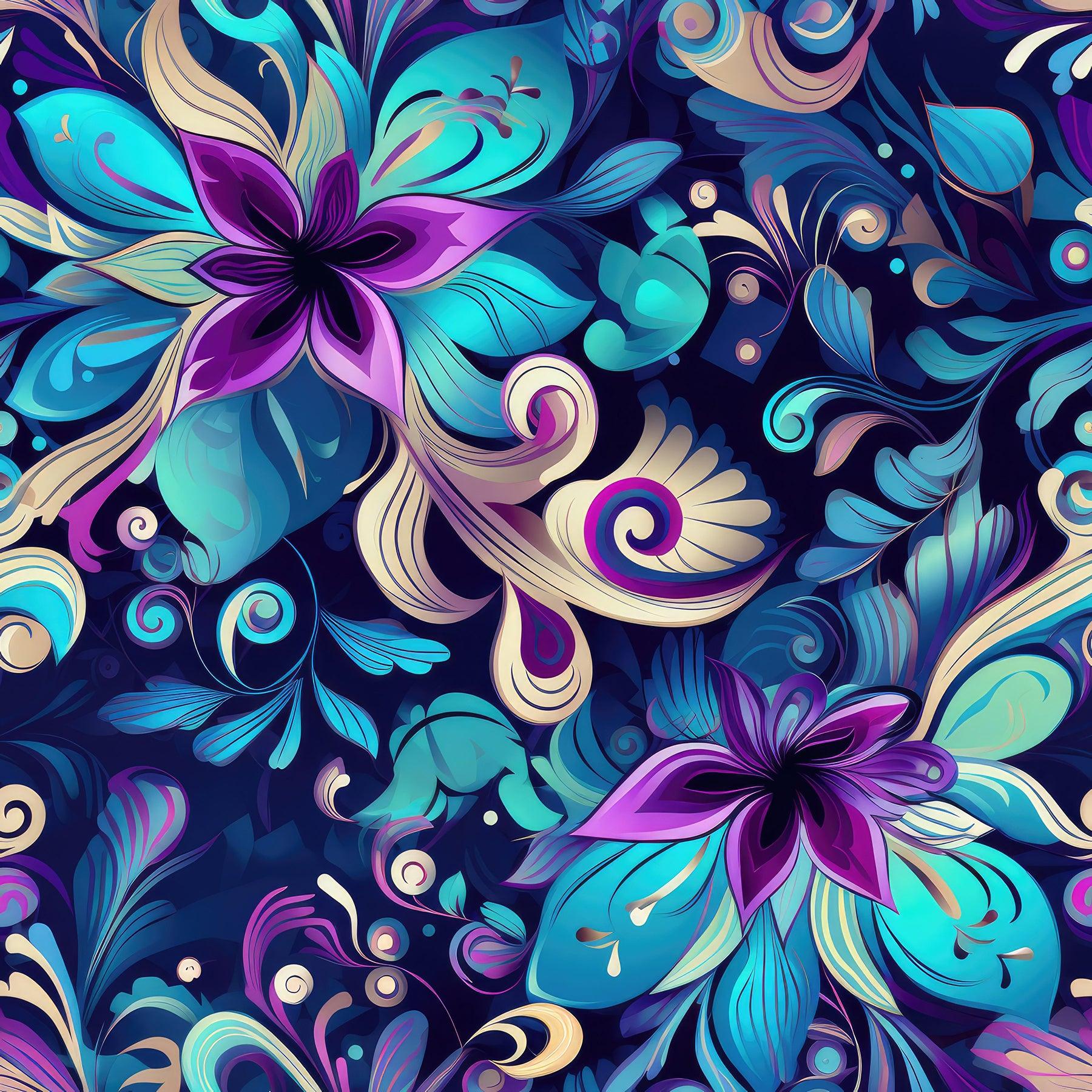 Aqua and Purple Floral on Navy 1 mil PUL Fabric - Made in the USA - Nature's Fabrics