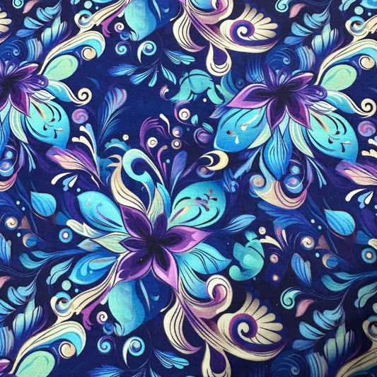 Aqua and Purple Floral on Navy on Bamboo/Spandex Jersey Fabric - Nature's Fabrics