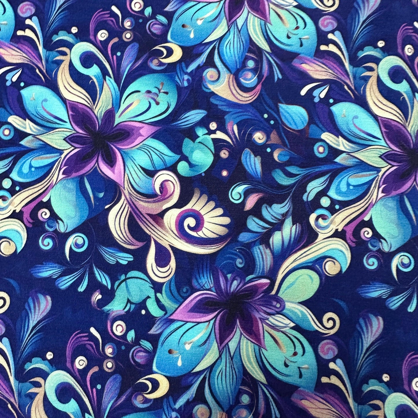 Aqua and Purple Floral on Navy on Bamboo/Spandex Jersey Fabric - Nature's Fabrics