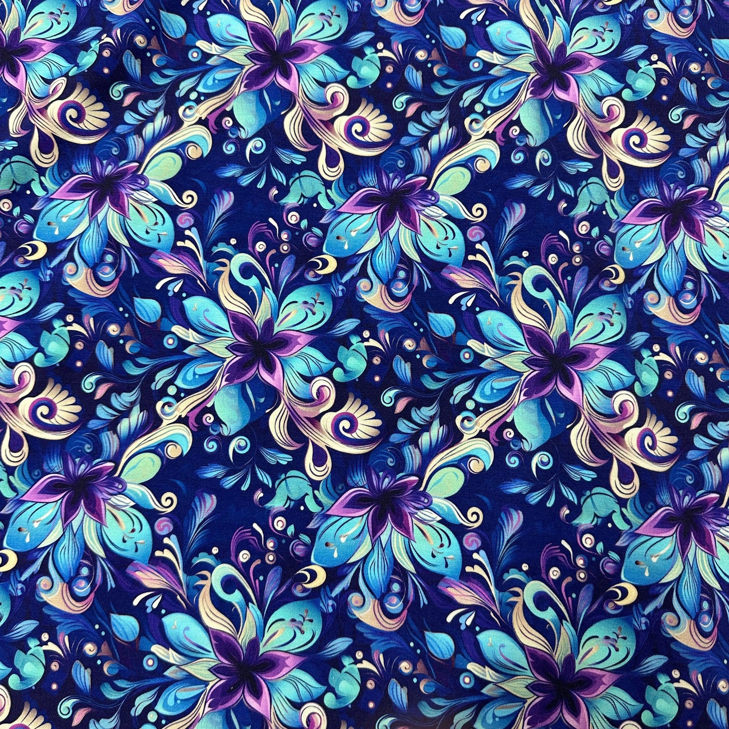 Aqua and Purple Floral on Navy on Bamboo/Spandex Jersey Fabric - Nature's Fabrics