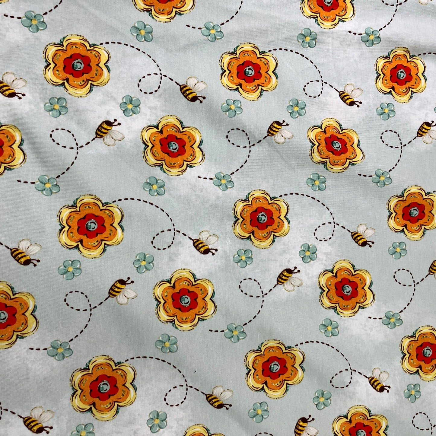 Bees and Flowers on Mint Bamboo/Spandex Jersey Fabric - Nature's Fabrics