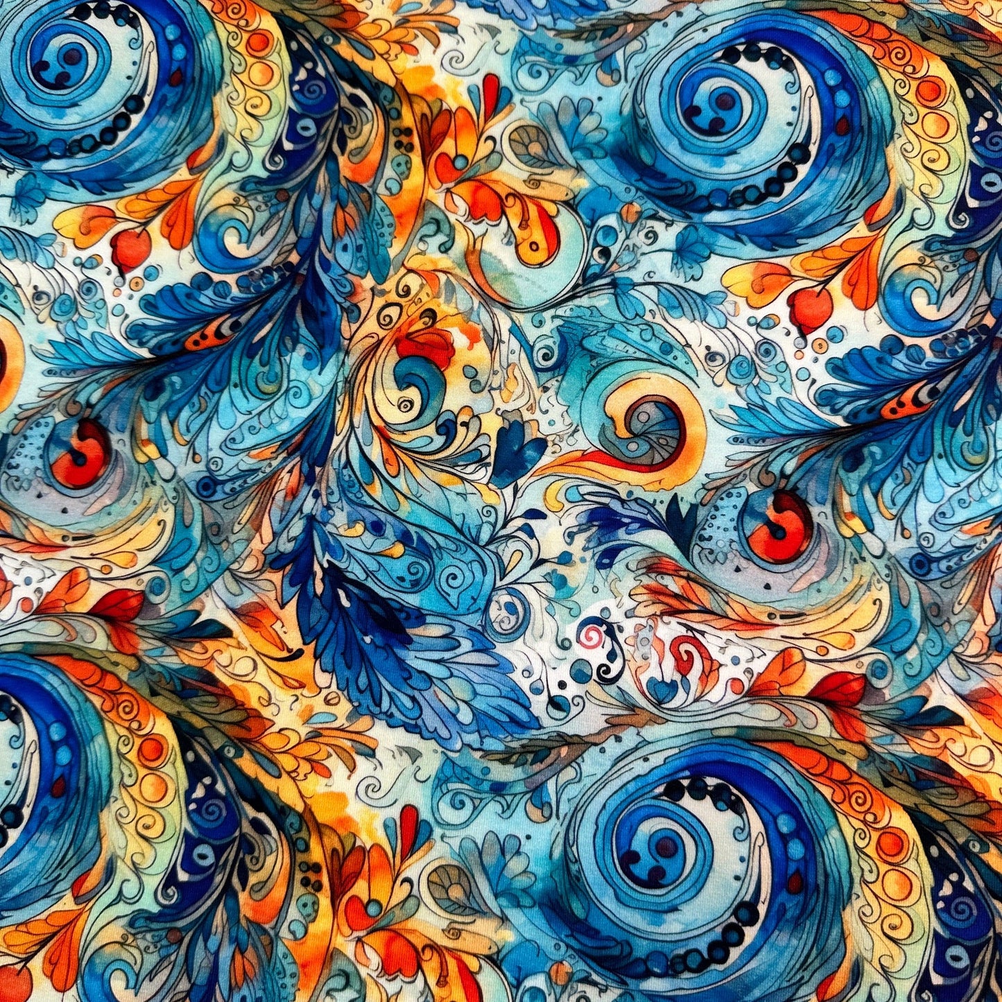 Blue and Orange Paisley on Bamboo Stretch French Terry Fabric - Nature's Fabrics