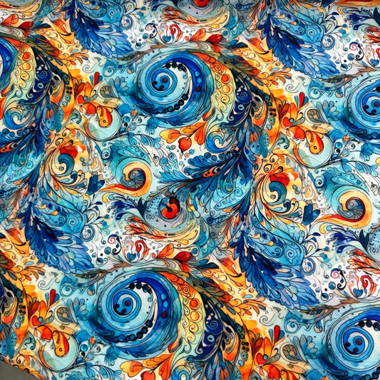 Blue and Orange Paisley on Organic Cotton/Spandex Jersey Fabric - Nature's Fabrics