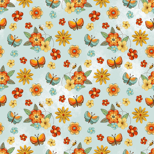 Butterflies and Flowers on Mint Bamboo/Spandex Jersey Fabric - Nature's Fabrics