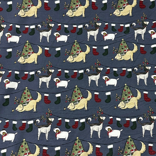 Canine Christmas on Blue Bamboo/Spandex Jersey Fabric - Nature's Fabrics
