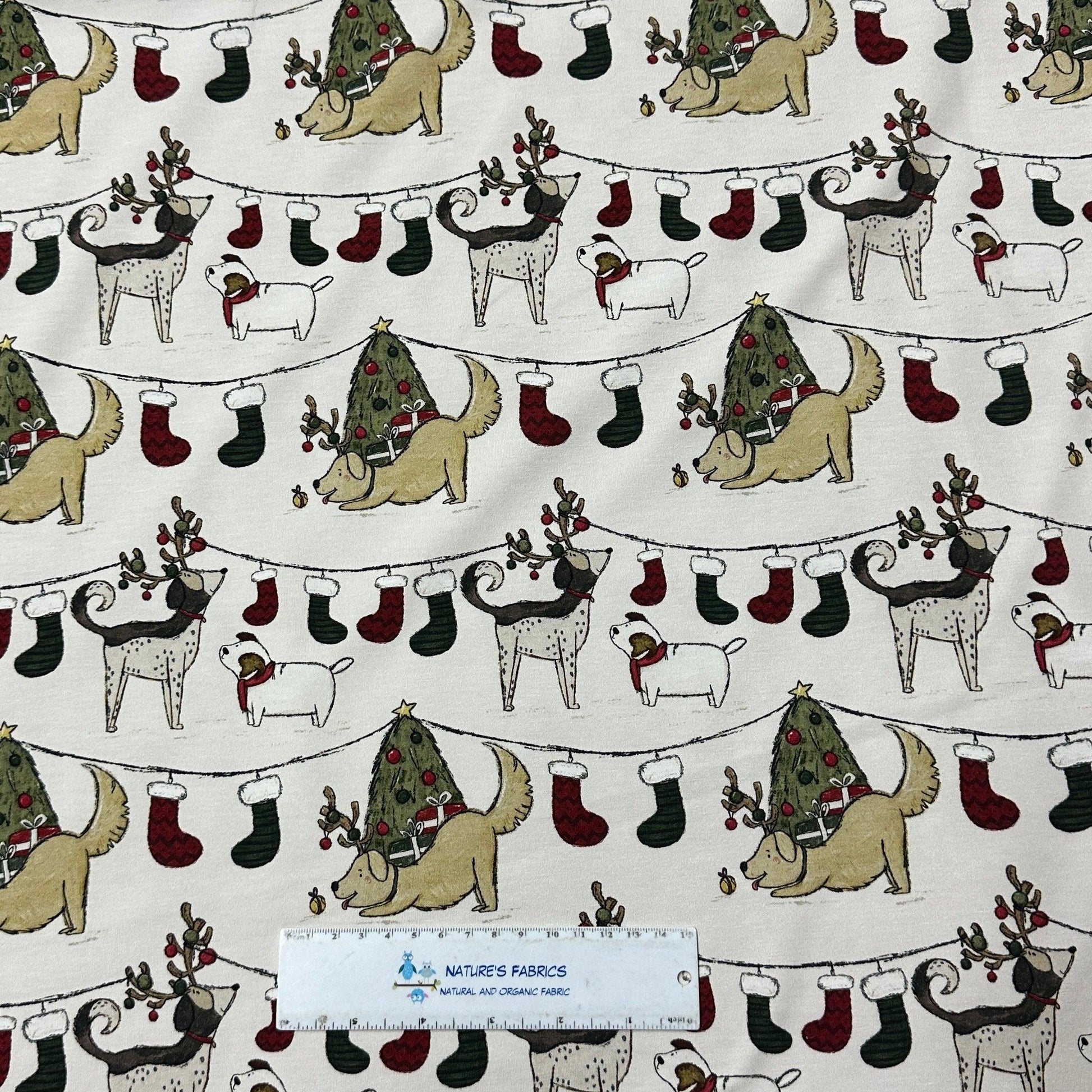 Canine Christmas on Cream Bamboo/Spandex Jersey Fabric - Nature's Fabrics