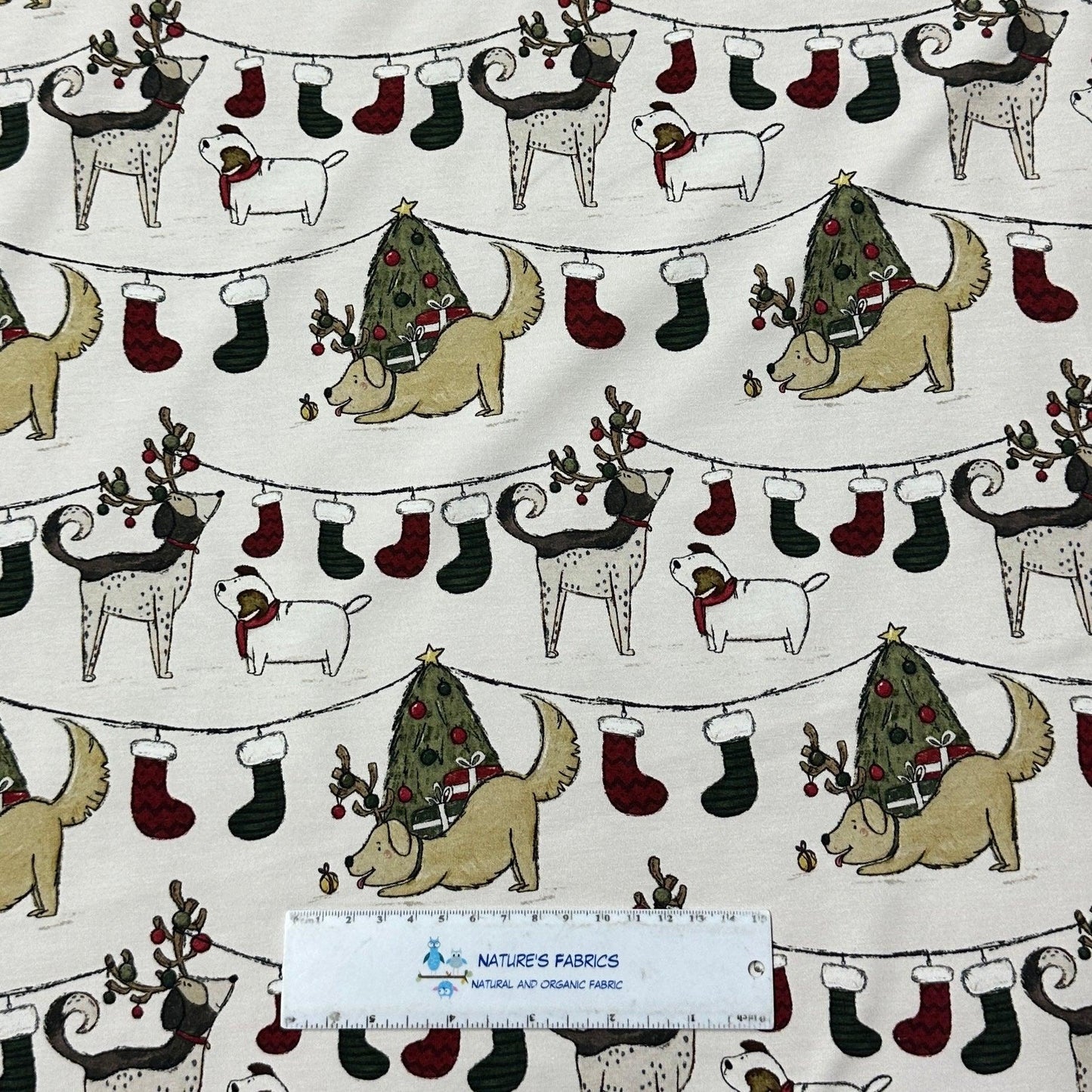 Canine Christmas on Cream Bamboo/Spandex Jersey Fabric - Nature's Fabrics