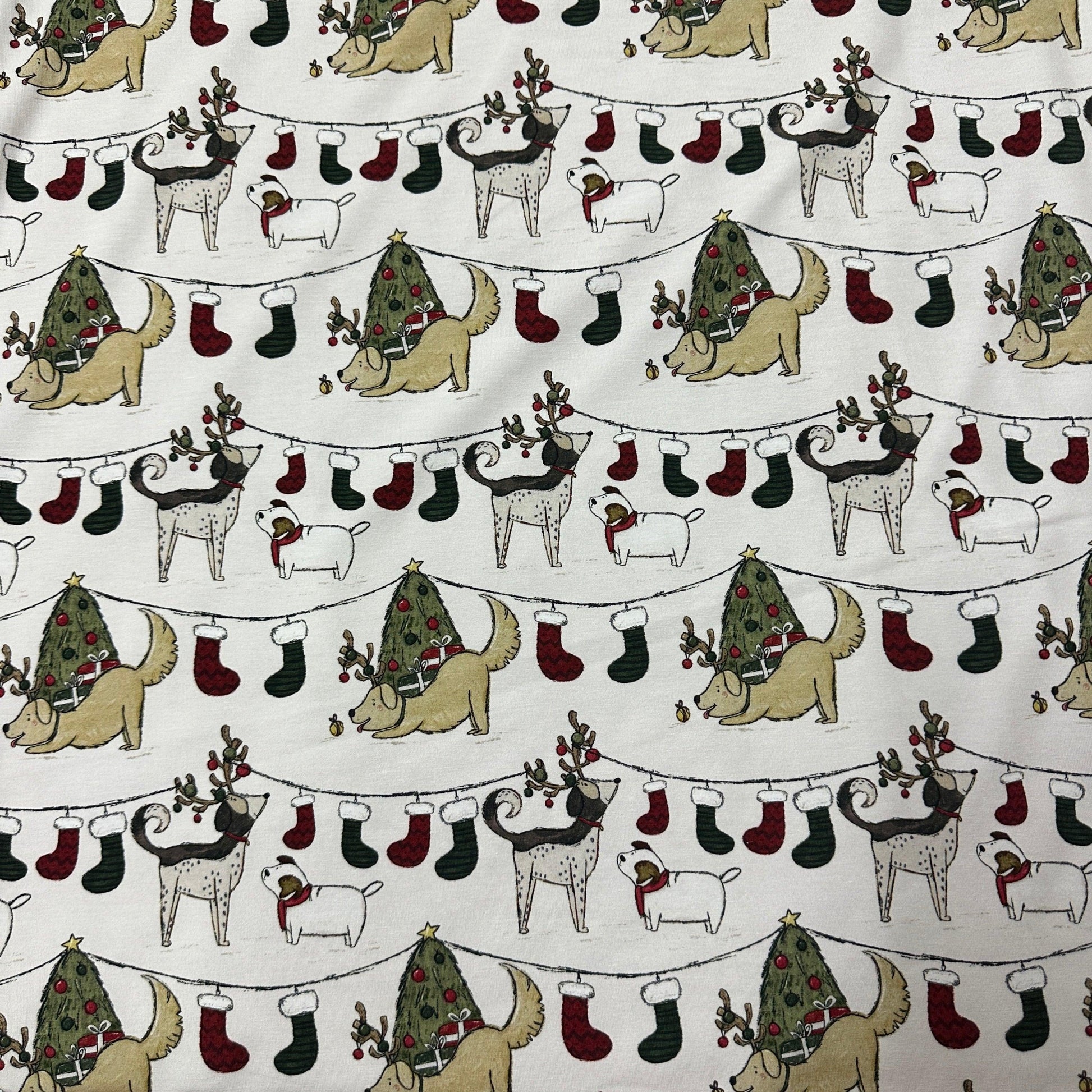 Canine Christmas on Cream Bamboo/Spandex Jersey Fabric - Nature's Fabrics