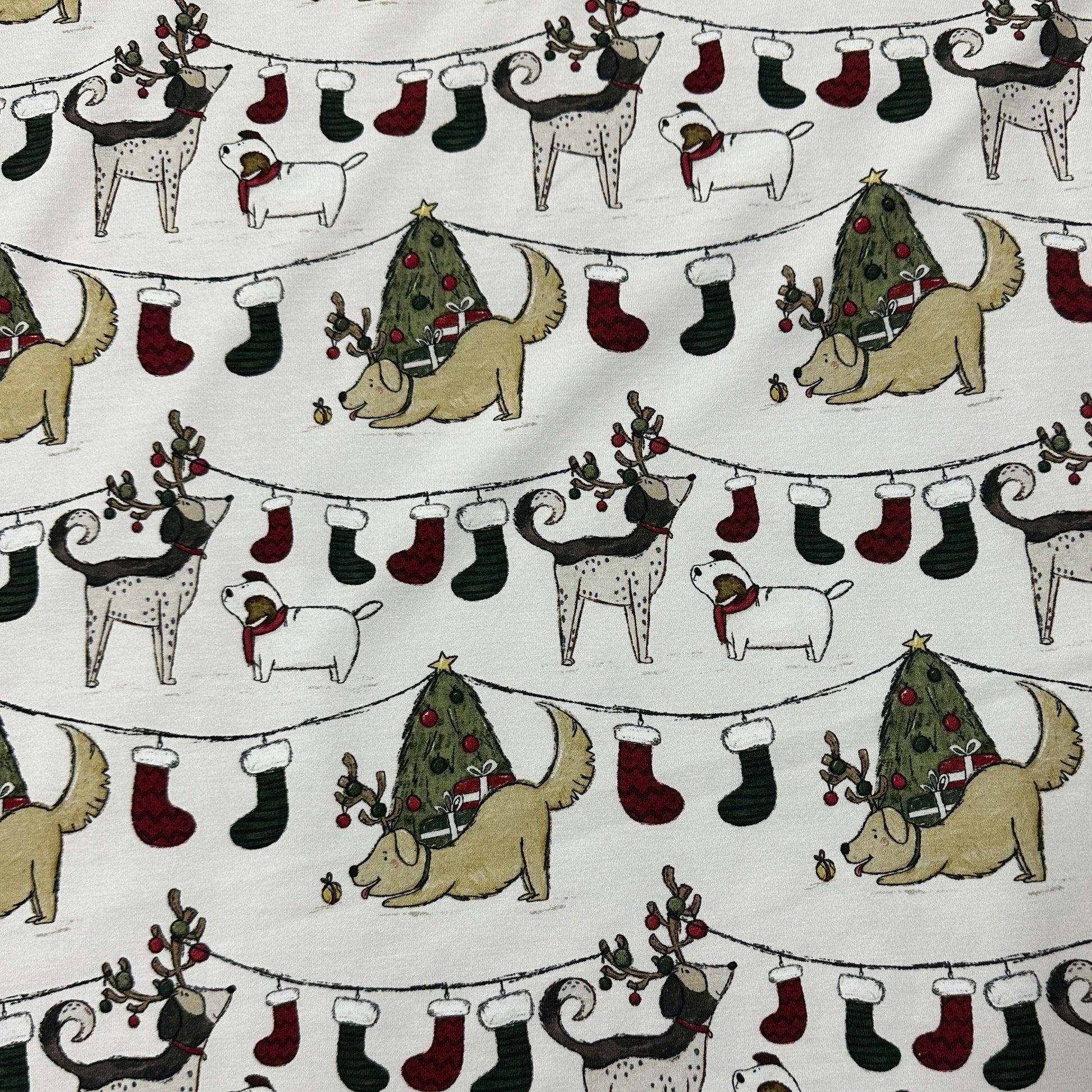 Canine Christmas on Cream Bamboo/Spandex Jersey Fabric - Nature's Fabrics