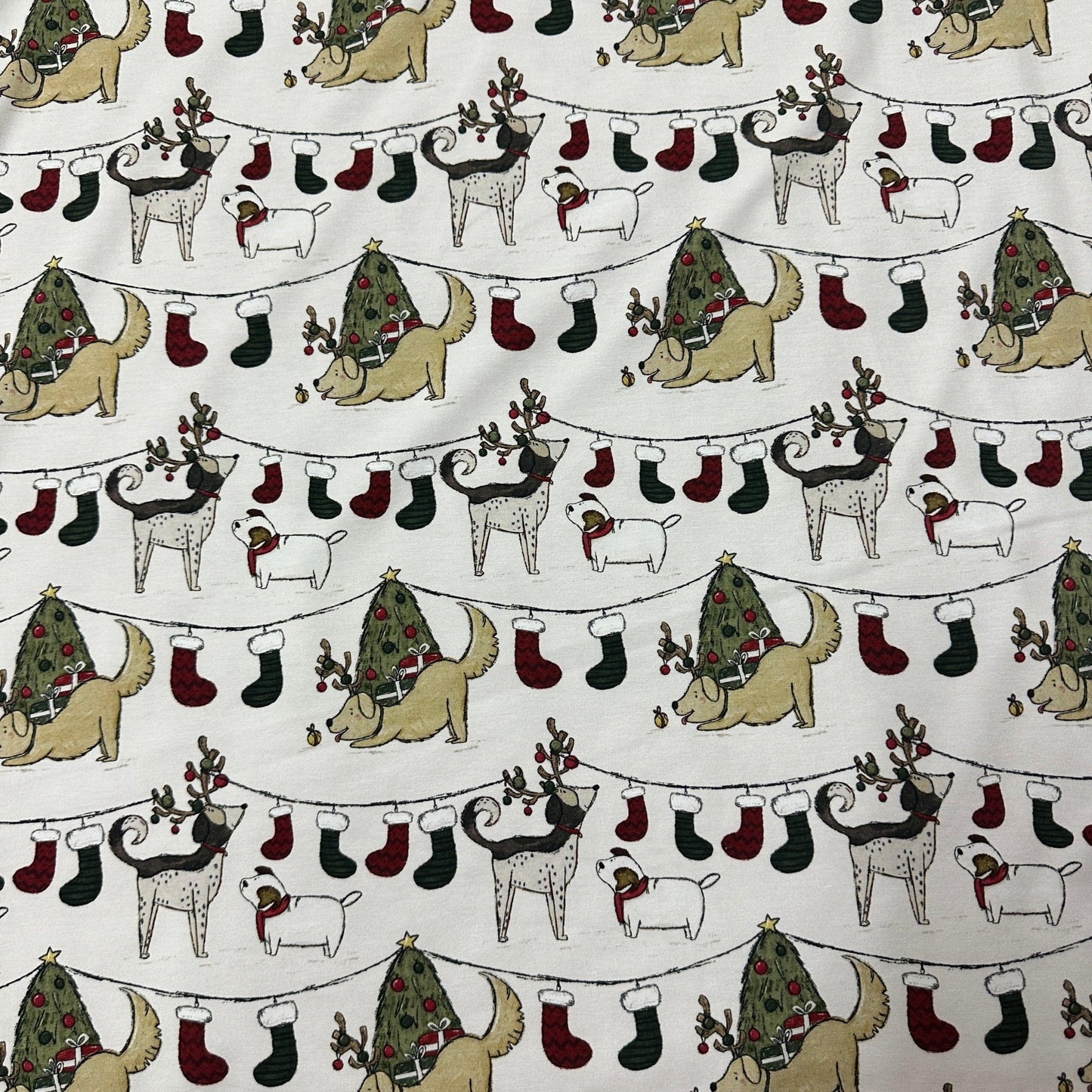 Canine Christmas on Cream Bamboo/Spandex Jersey Fabric - Nature's Fabrics