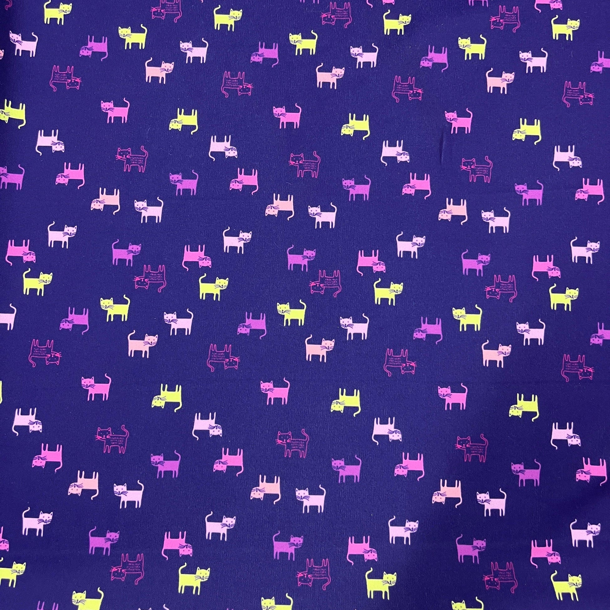 Cats on Purple Athletic Jersey Fabric - Nature's Fabrics