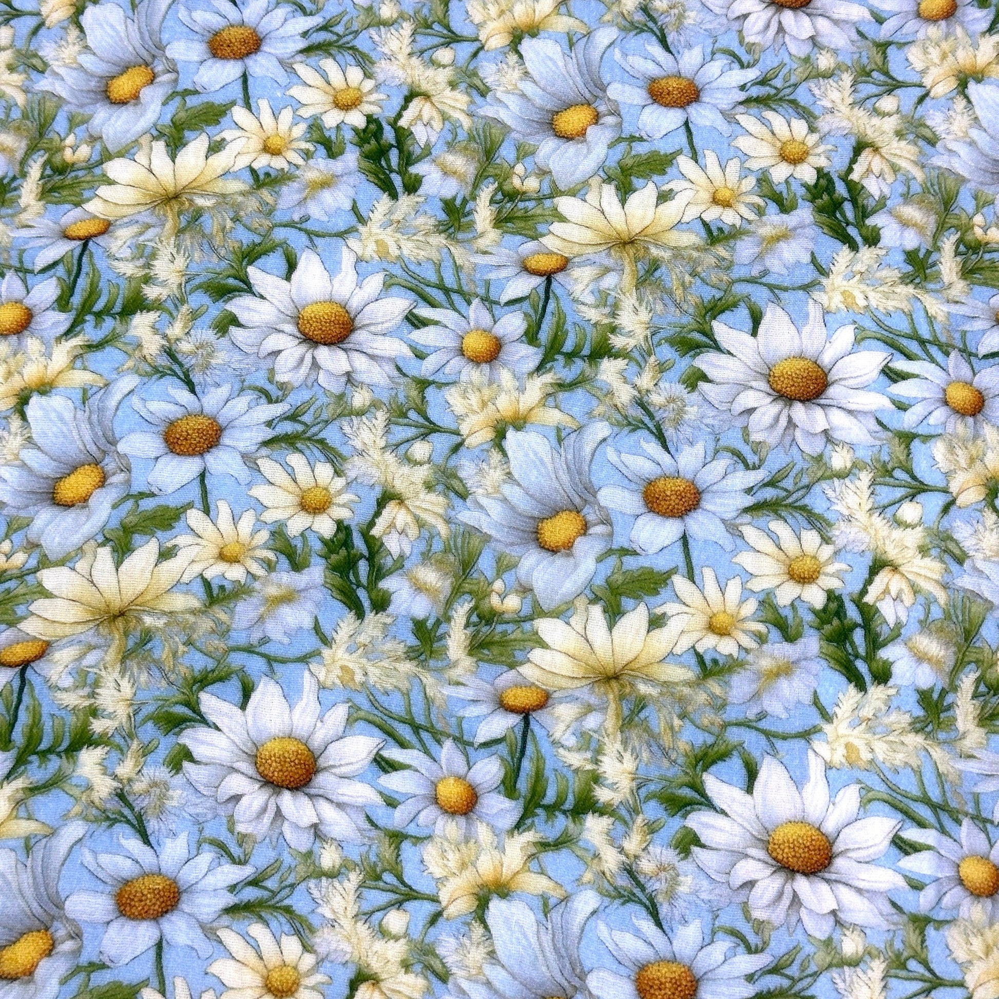 Daisies on Light Blue Double Gauze Muslin Fabric - Nature's Fabrics