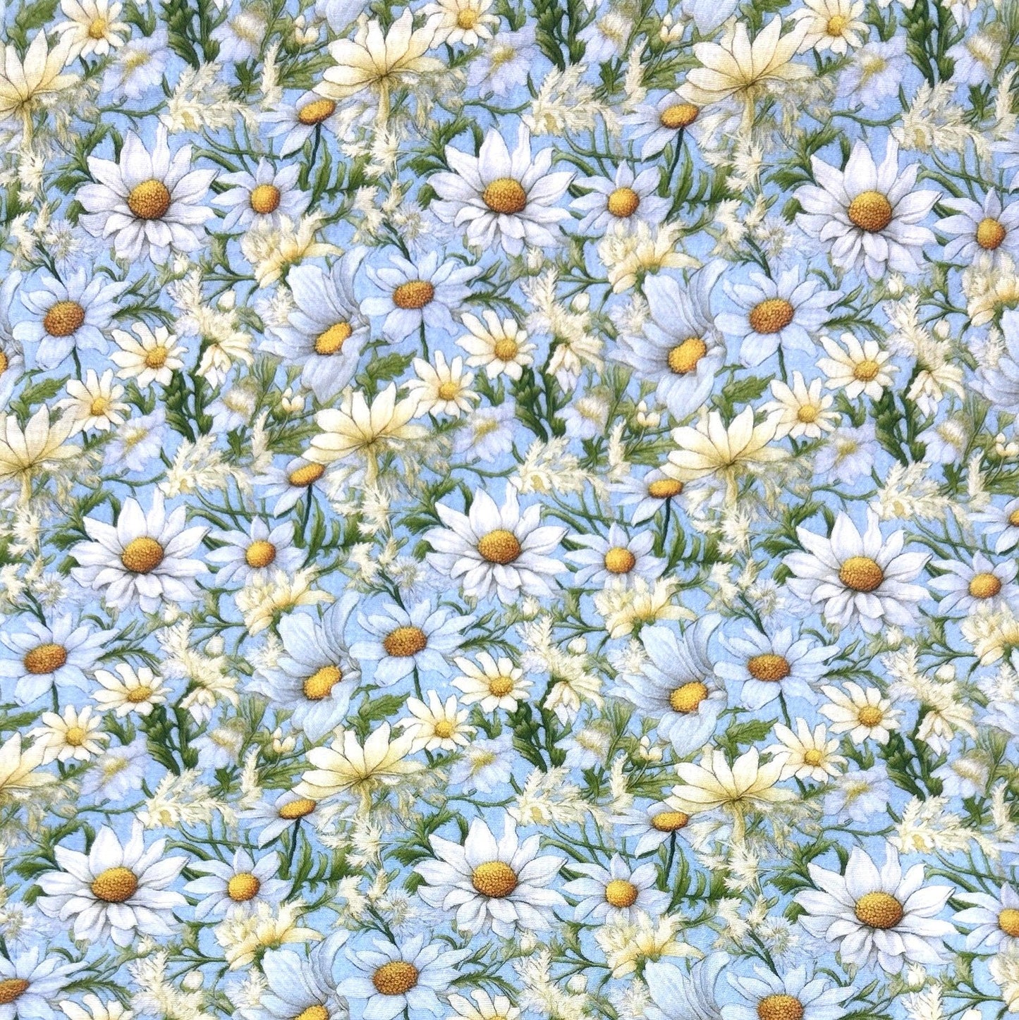 Daisies on Light Blue Double Gauze Muslin Fabric - Nature's Fabrics