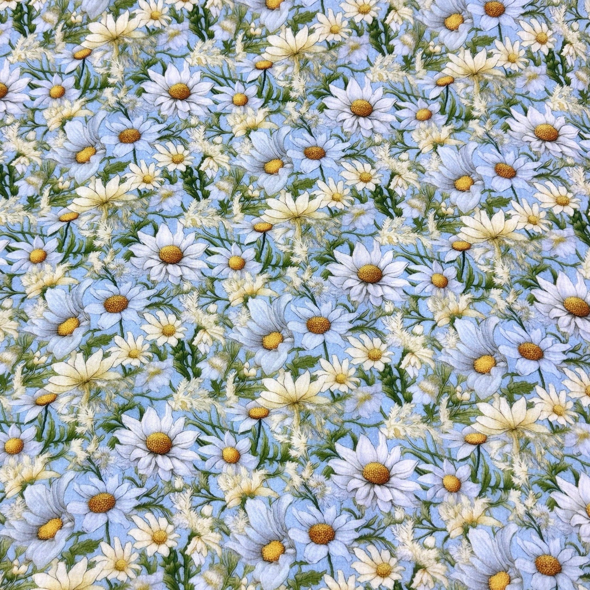 Daisies on Light Blue Double Gauze Muslin Fabric - Nature's Fabrics