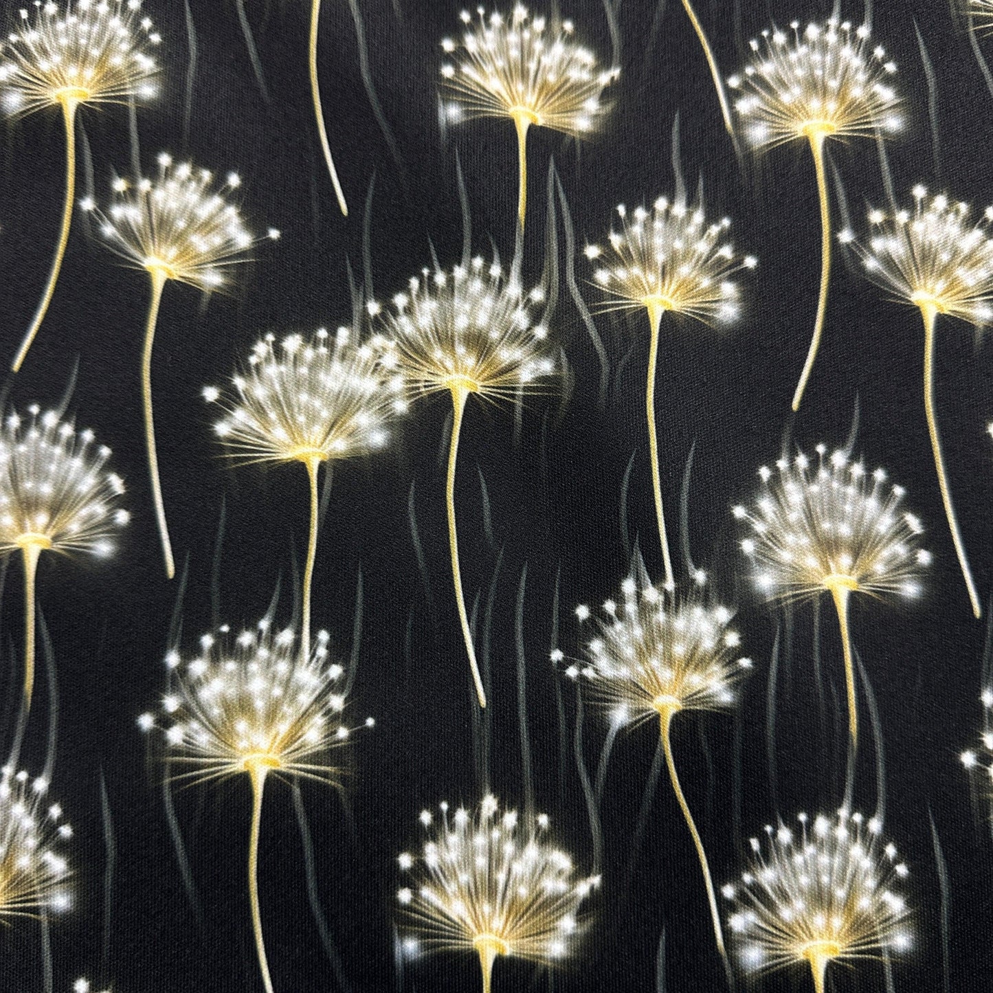 Dandelions on Black 1 mil PUL Fabric - Made in the USA - Nature's Fabrics