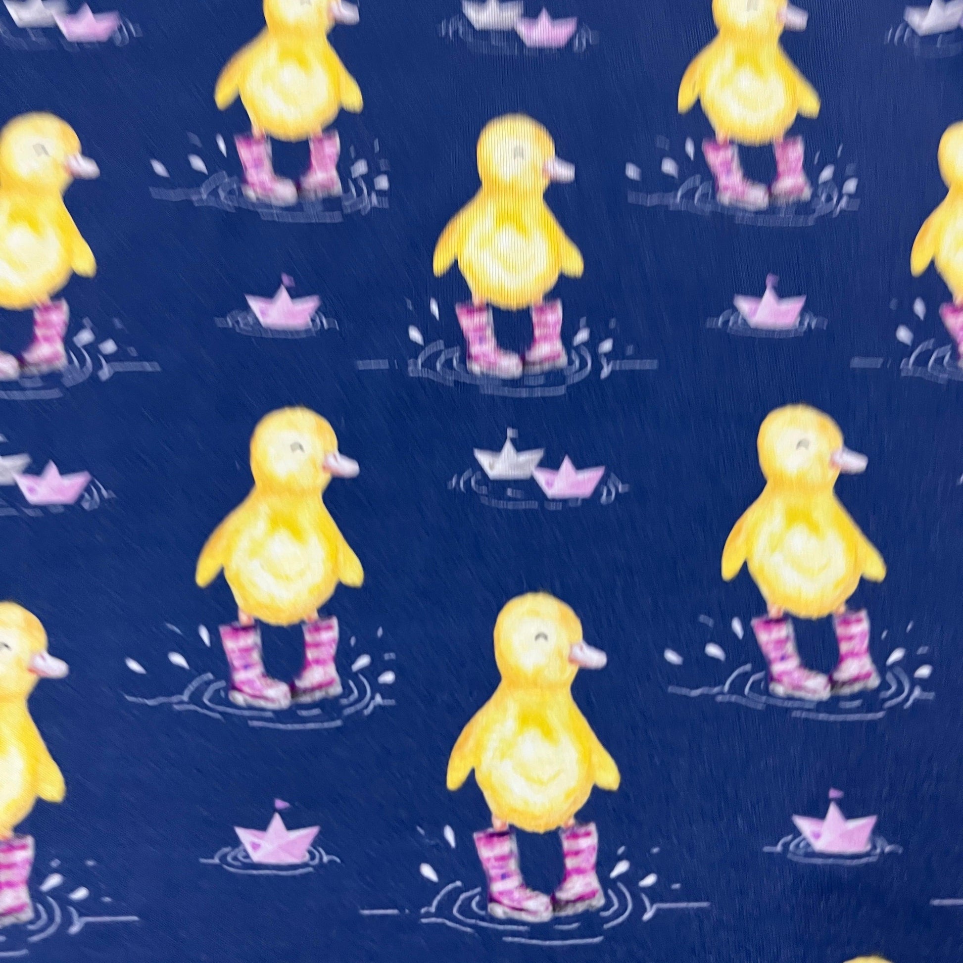 Ducks in Pink Wellies on Bamboo/Spandex Jersey Fabric - Nature's Fabrics