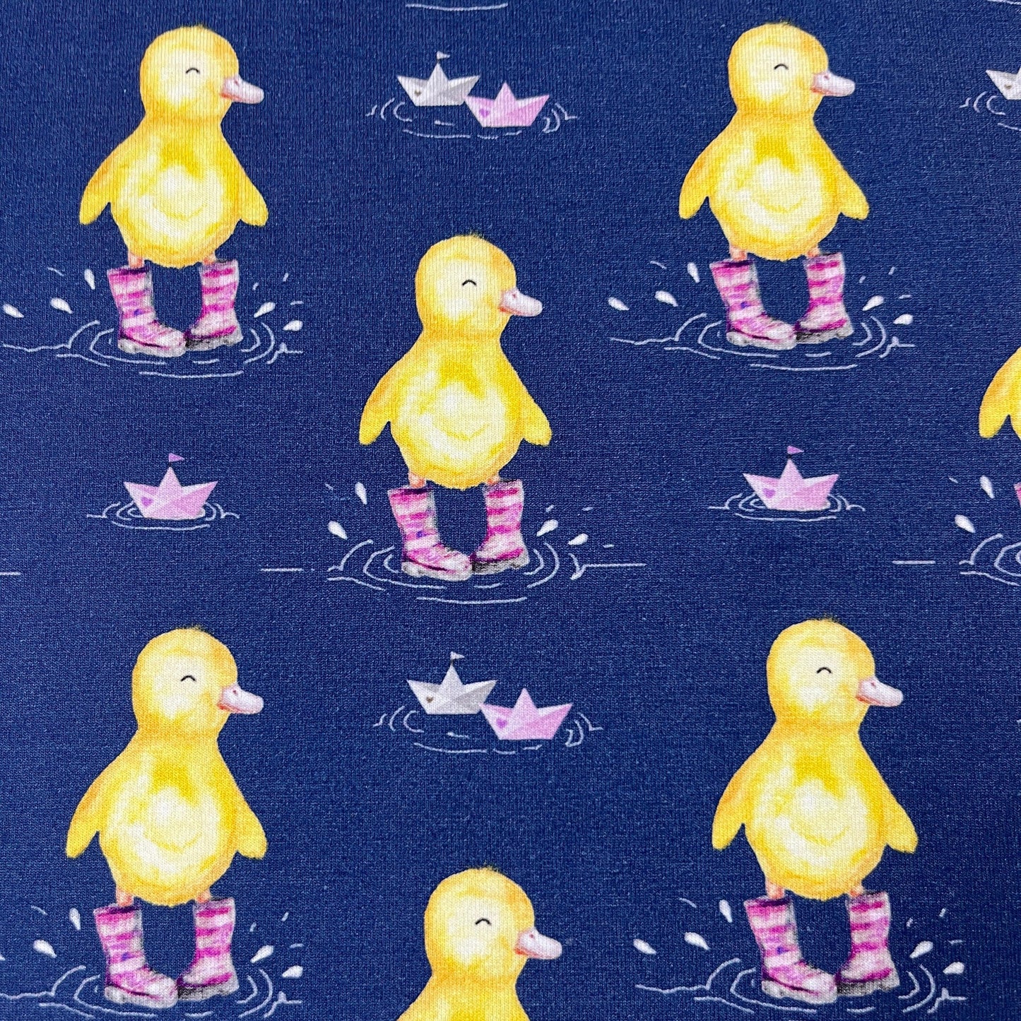 Ducks in Pink Wellies on Bamboo/Spandex Jersey Fabric - Nature's Fabrics