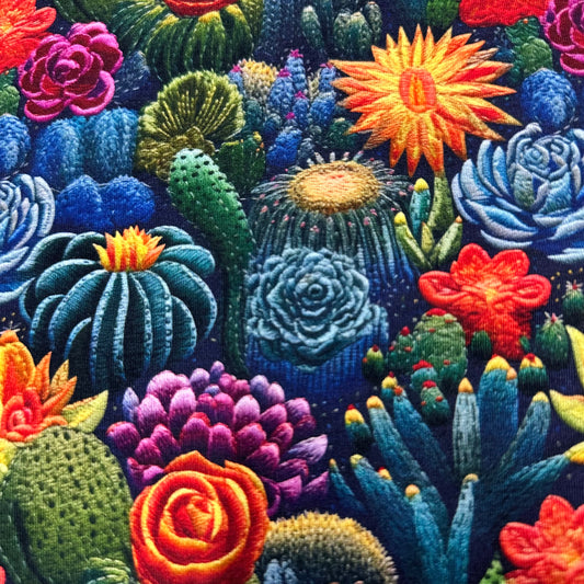 Embroidered Cactus Garden on Bamboo/Spandex Jersey Fabric - Nature's Fabrics