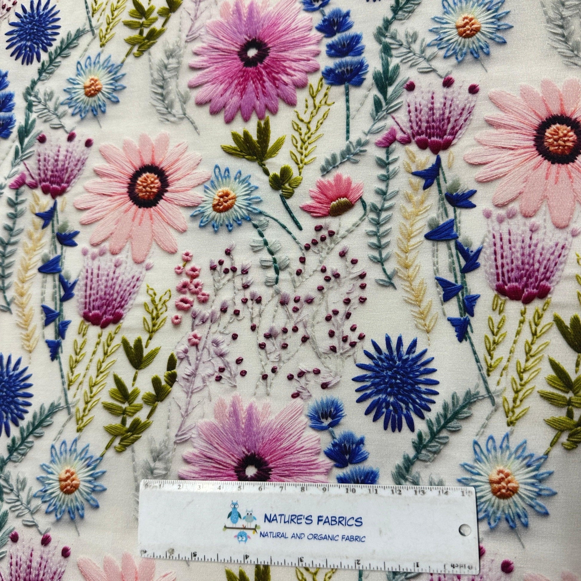 Embroidered Daisies on Bamboo/Spandex Jersey Fabric - Nature's Fabrics