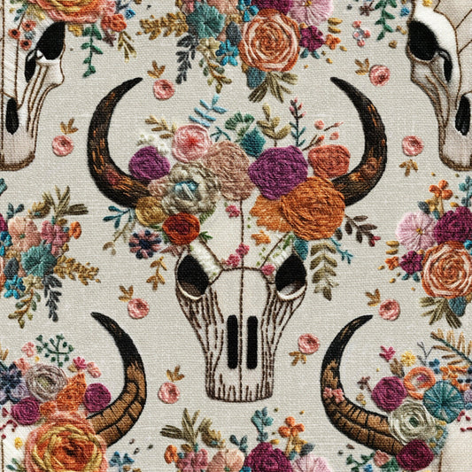 Embroidered Floral Bull Skull on Bamboo/Spandex Jersey Fabric by Natures Fabrics