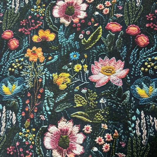 Embroidered Flower Garden on Double Brushed Polyester Jersey Fabric - Nature's Fabrics