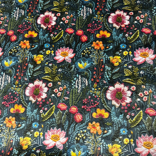 Embroidered Flower Garden on Polyester Velour Fabric - Nature's Fabrics