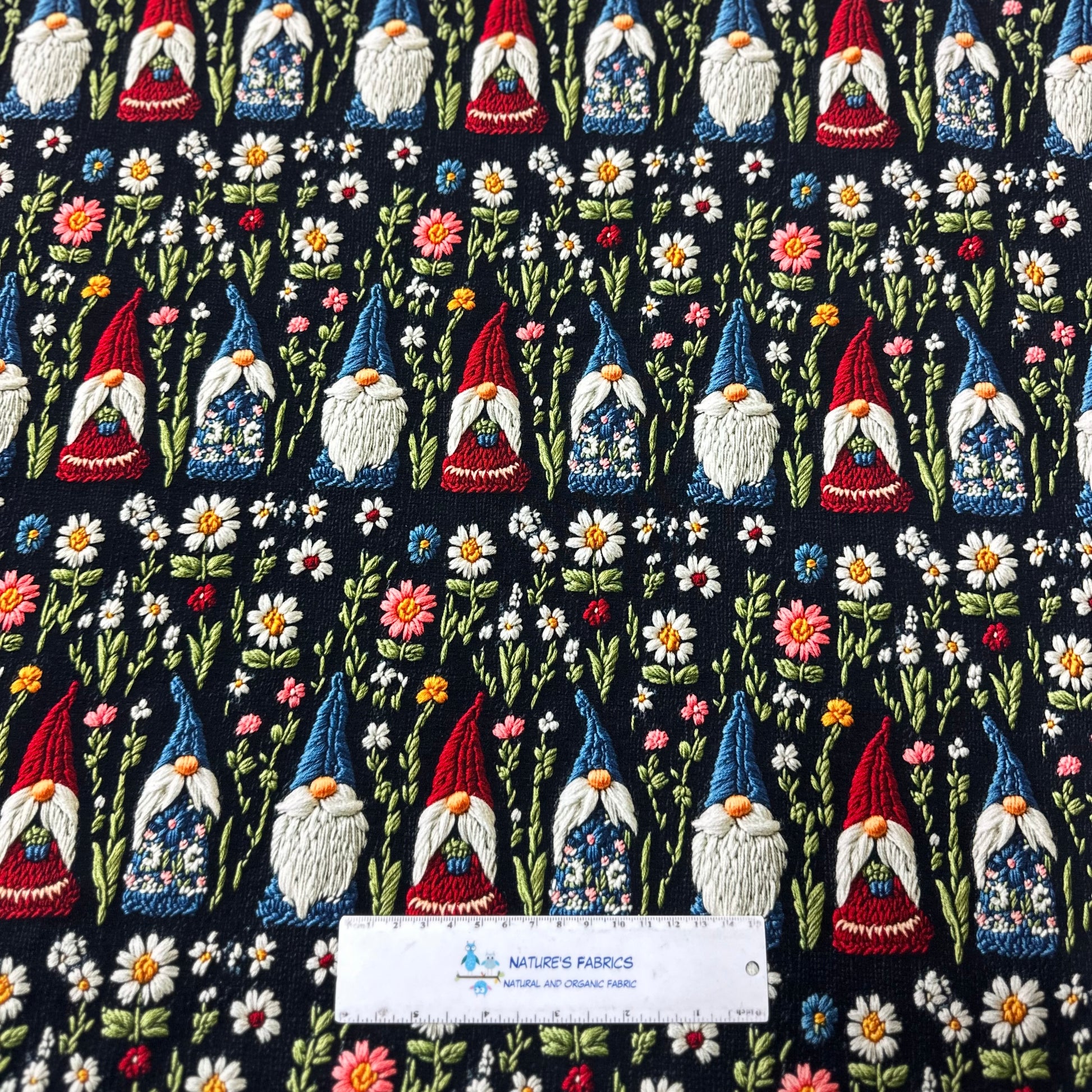Embroidered Gnomes on Bamboo/Spandex Jersey Fabric - Nature's Fabrics