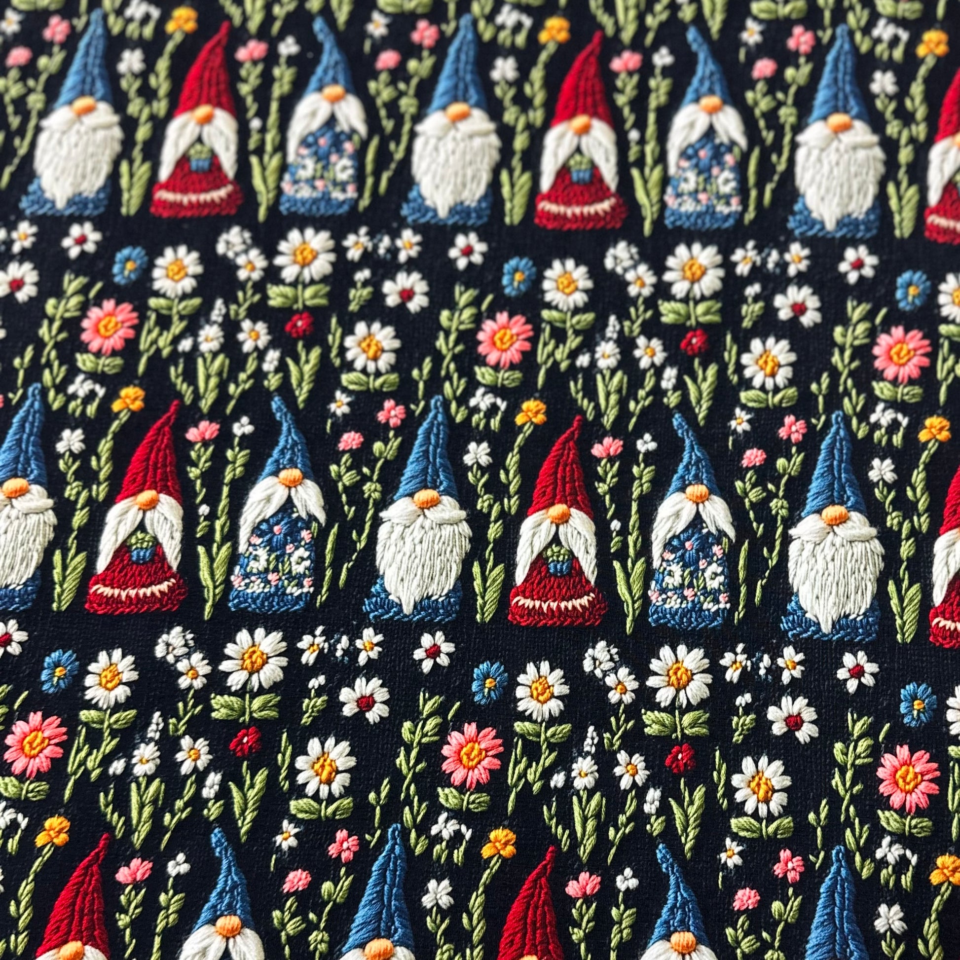 Embroidered Gnomes on Bamboo/Spandex Jersey Fabric - Nature's Fabrics