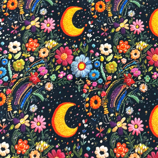 Embroidered Moon Floral on Bamboo/Spandex Jersey Fabric - Nature's Fabrics