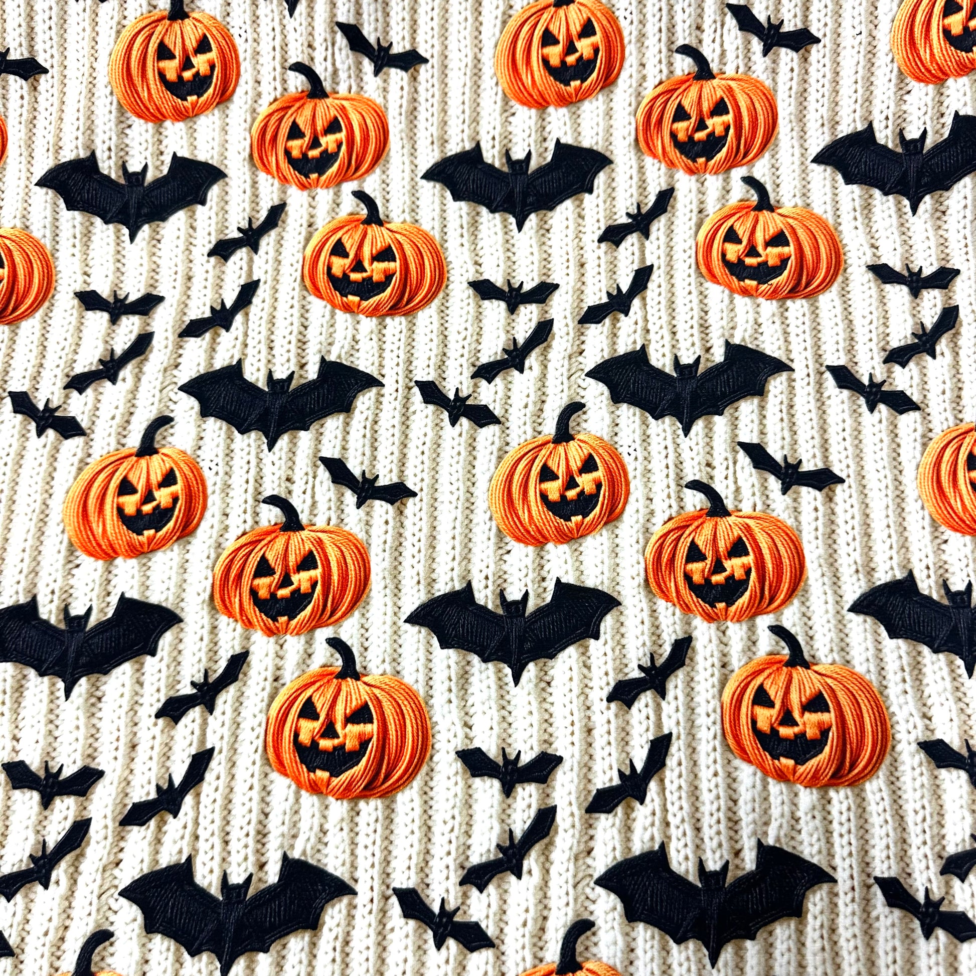 Embroidered Pumpkins and Bats on Organic Cotton/Spandex Jersey Fabric - Nature's Fabrics