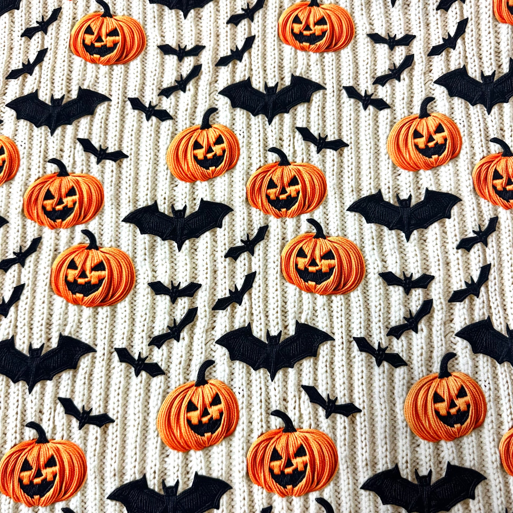 Embroidered Pumpkins and Bats on Organic Cotton/Spandex Jersey Fabric - Nature's Fabrics