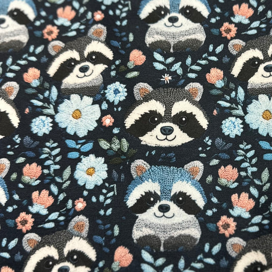 Embroidered Raccoons on Blue 1 mil PUL Fabric - Made in the USA - Nature's Fabrics