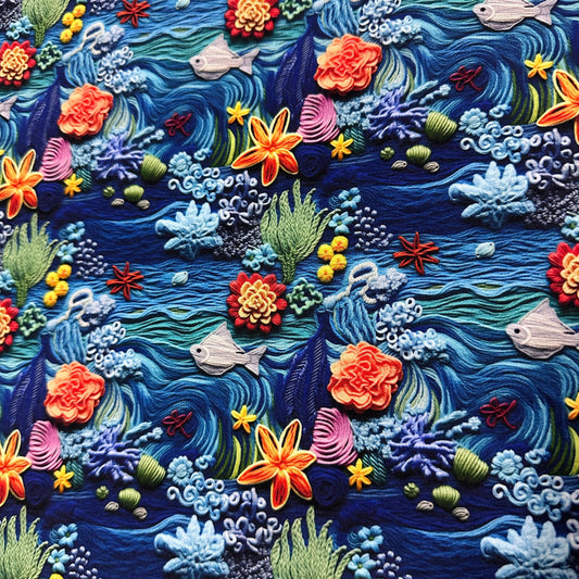 Embroidered Sea Life on Bamboo Stretch French Terry Fabric - Nature's Fabrics