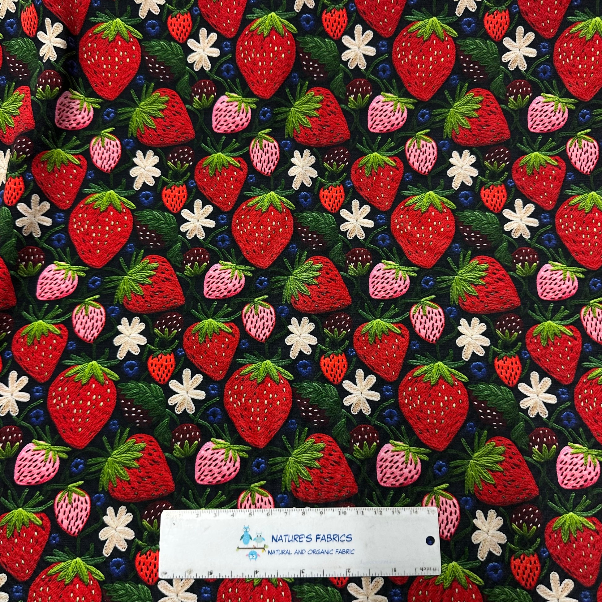 Embroidered Strawberries on Bamboo/Spandex Jersey Fabric - Nature's Fabrics