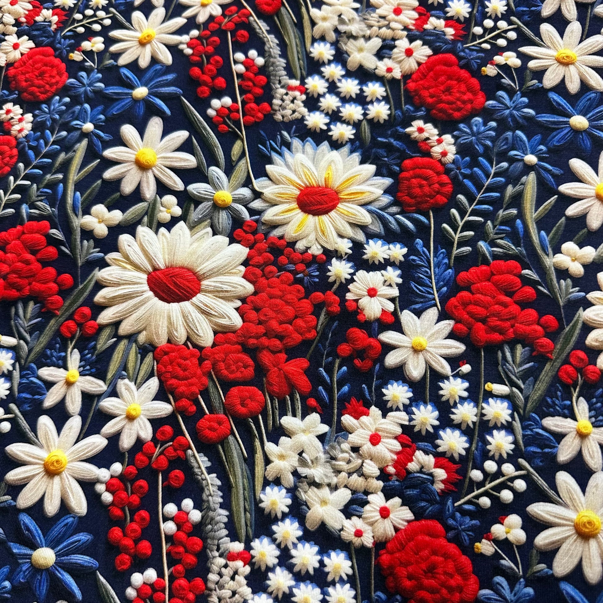Embroidered Summer Garden on Bamboo/Spandex Jersey Fabric - Nature's Fabrics