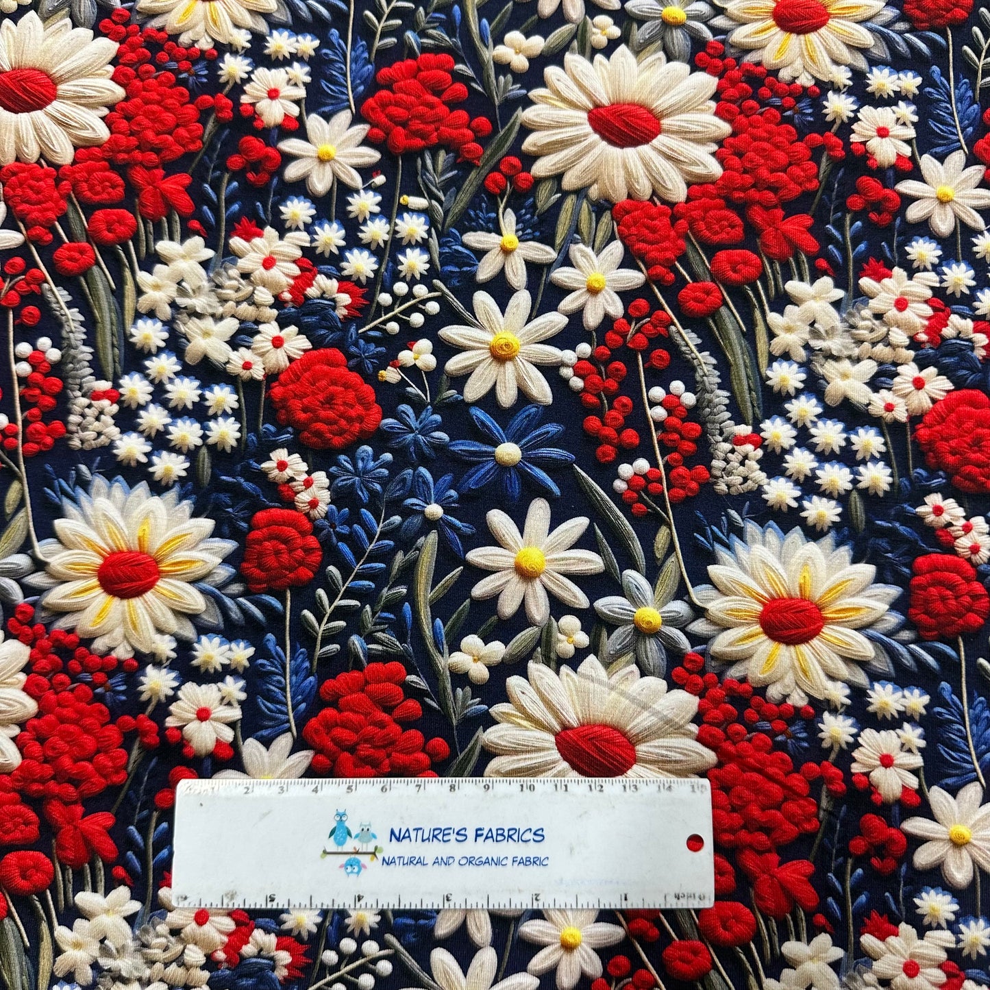 Embroidered Summer Garden on Bamboo/Spandex Jersey Fabric - Nature's Fabrics