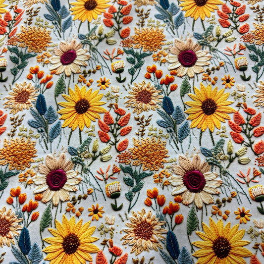 Embroidered Sunflowers on Bamboo Stretch French Terry Fabric - Nature's Fabrics