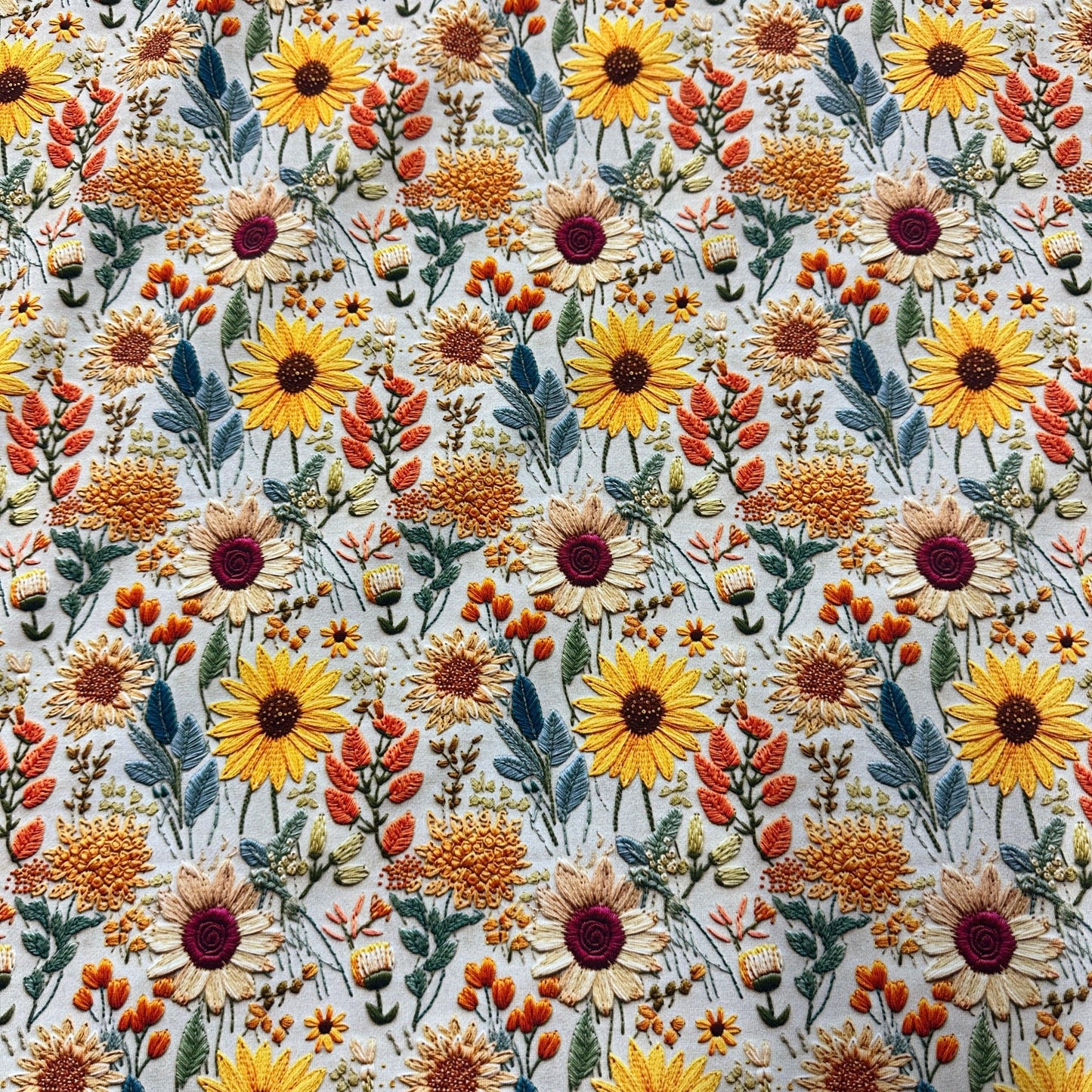 Embroidered Sunflowers on Bamboo Stretch French Terry Fabric - Nature's Fabrics