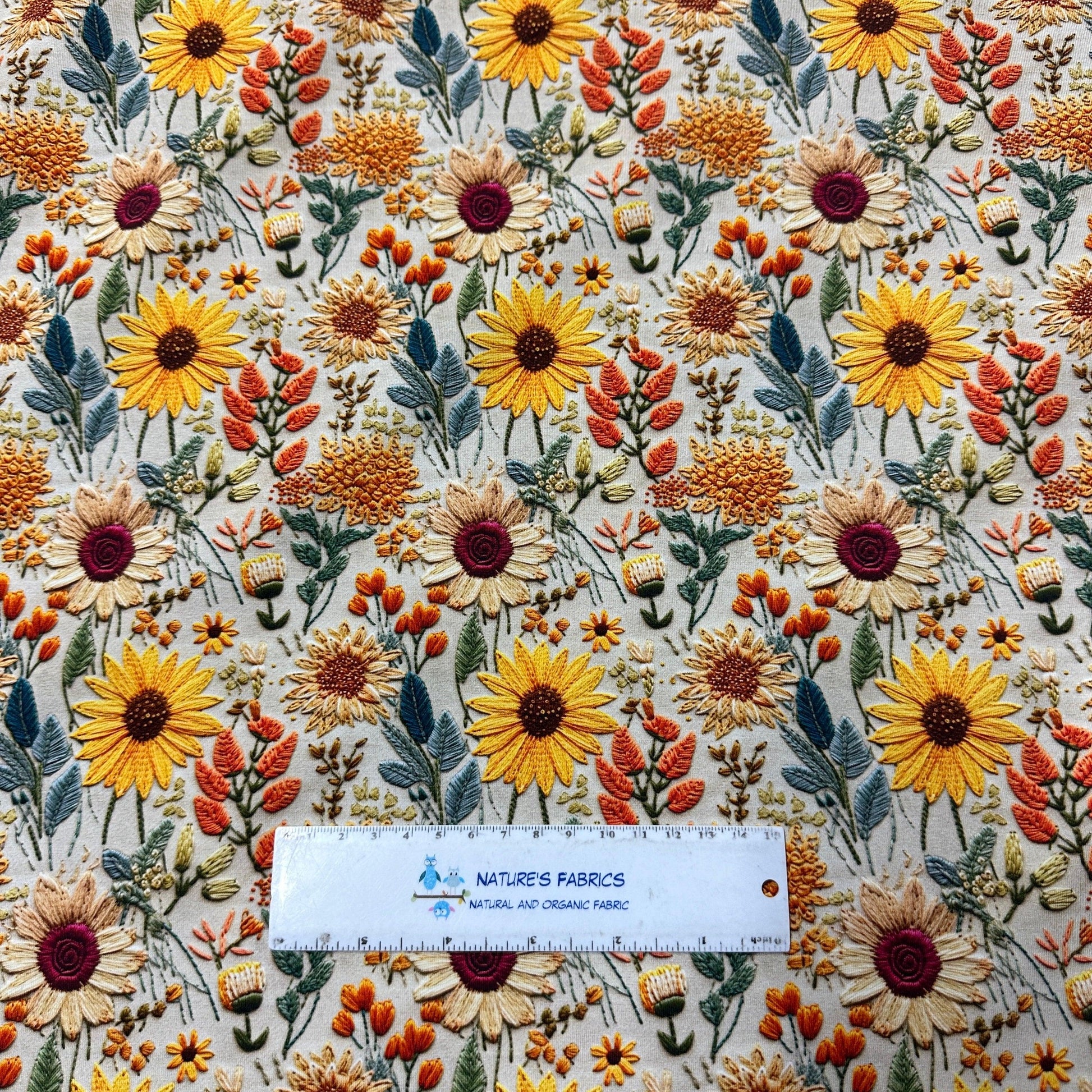 Embroidered Sunflowers on Bamboo Stretch French Terry Fabric - Nature's Fabrics