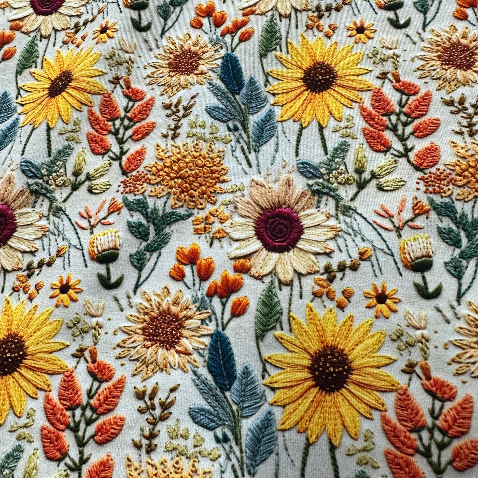 Embroidered Sunflowers on Bamboo Stretch French Terry Fabric - Nature's Fabrics