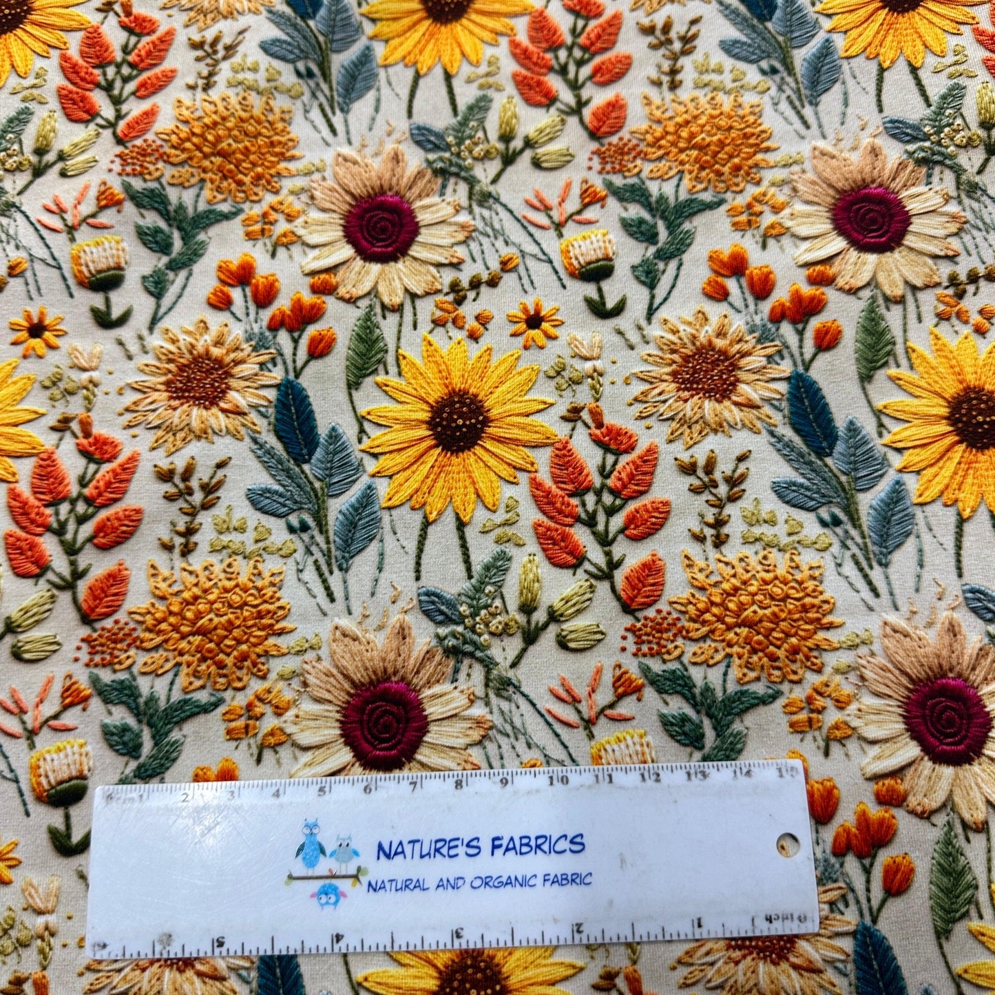 Embroidered Sunflowers on Bamboo Stretch French Terry Fabric - Nature's Fabrics