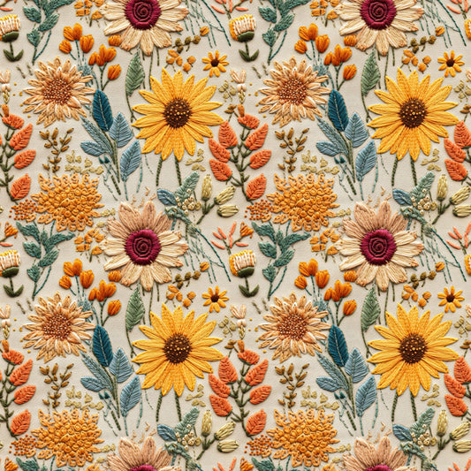 Embroidered Sunflowers on Bamboo/Spandex Rib Knit Fabric