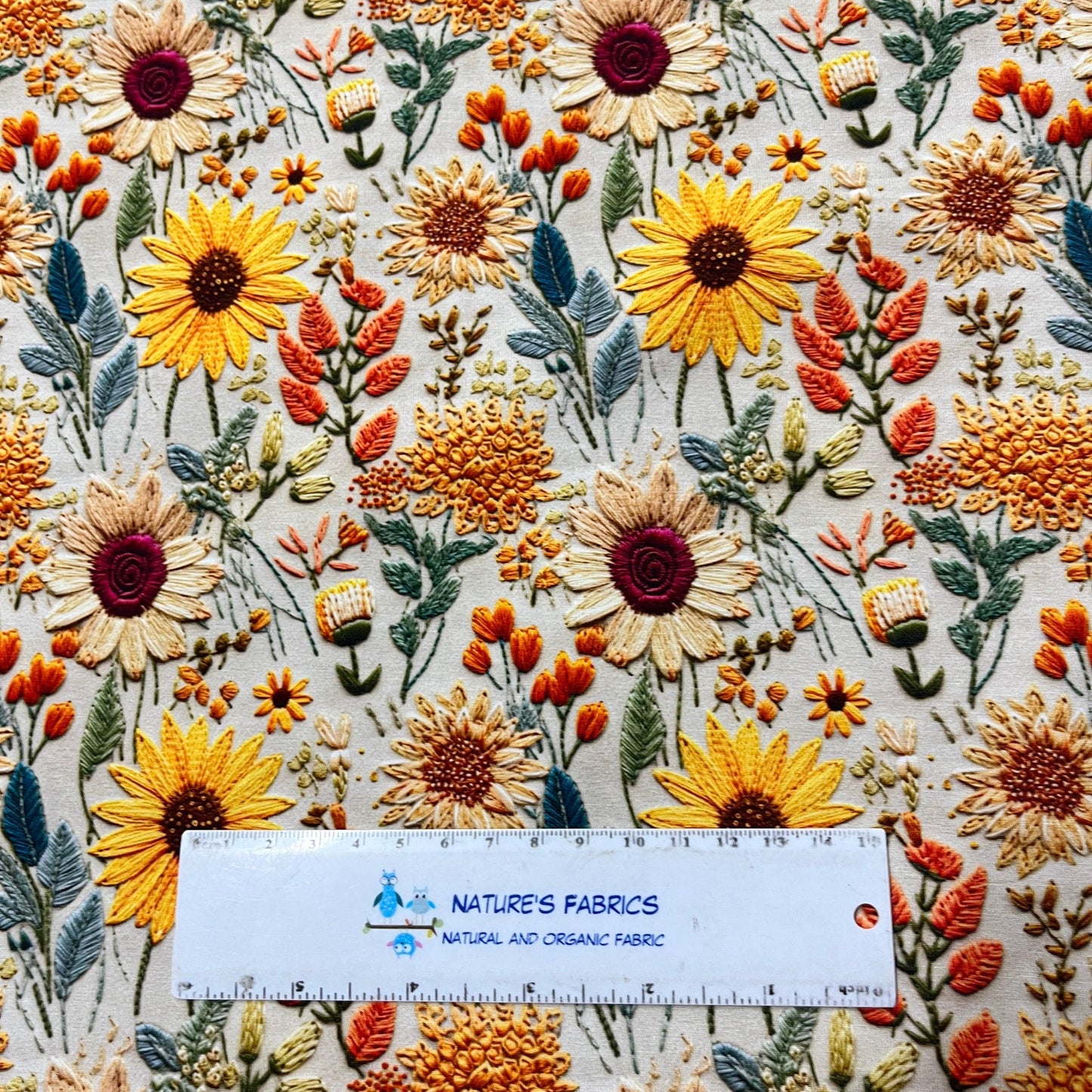 Embroidered Sunflowers on Bamboo/Spandex Jersey Fabric - Nature's Fabrics