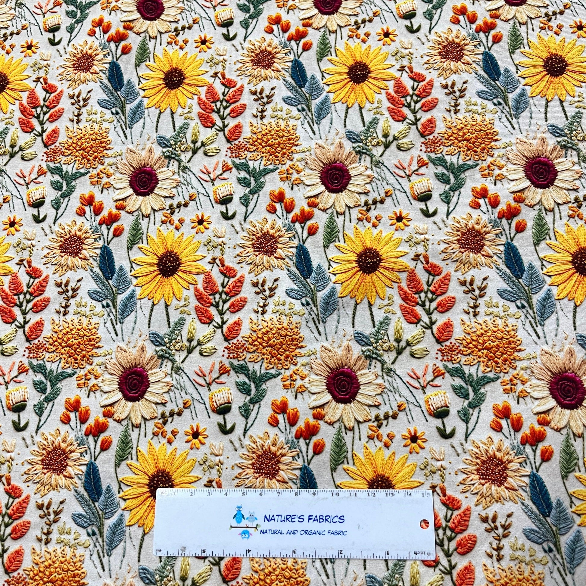 Embroidered Sunflowers on Bamboo/Spandex Jersey Fabric - Nature's Fabrics