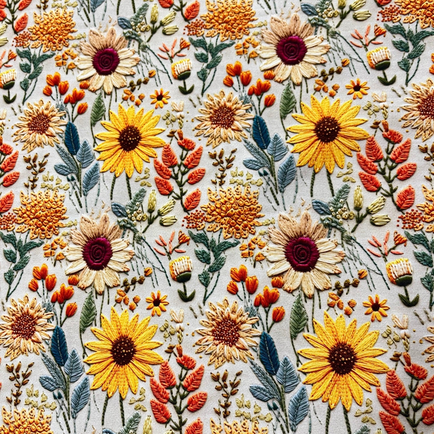 Embroidered Sunflowers on Bamboo/Spandex Jersey Fabric - Nature's Fabrics