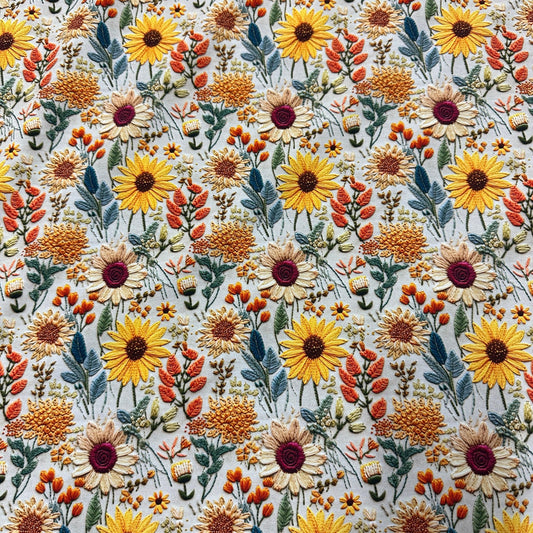 Embroidered Sunflowers on Organic Cotton/Spandex Jersey Fabric - Nature's Fabrics