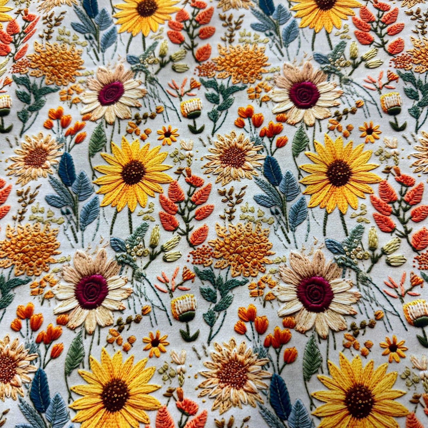 Embroidered Sunflowers on Organic Cotton/Spandex Jersey Fabric - Nature's Fabrics