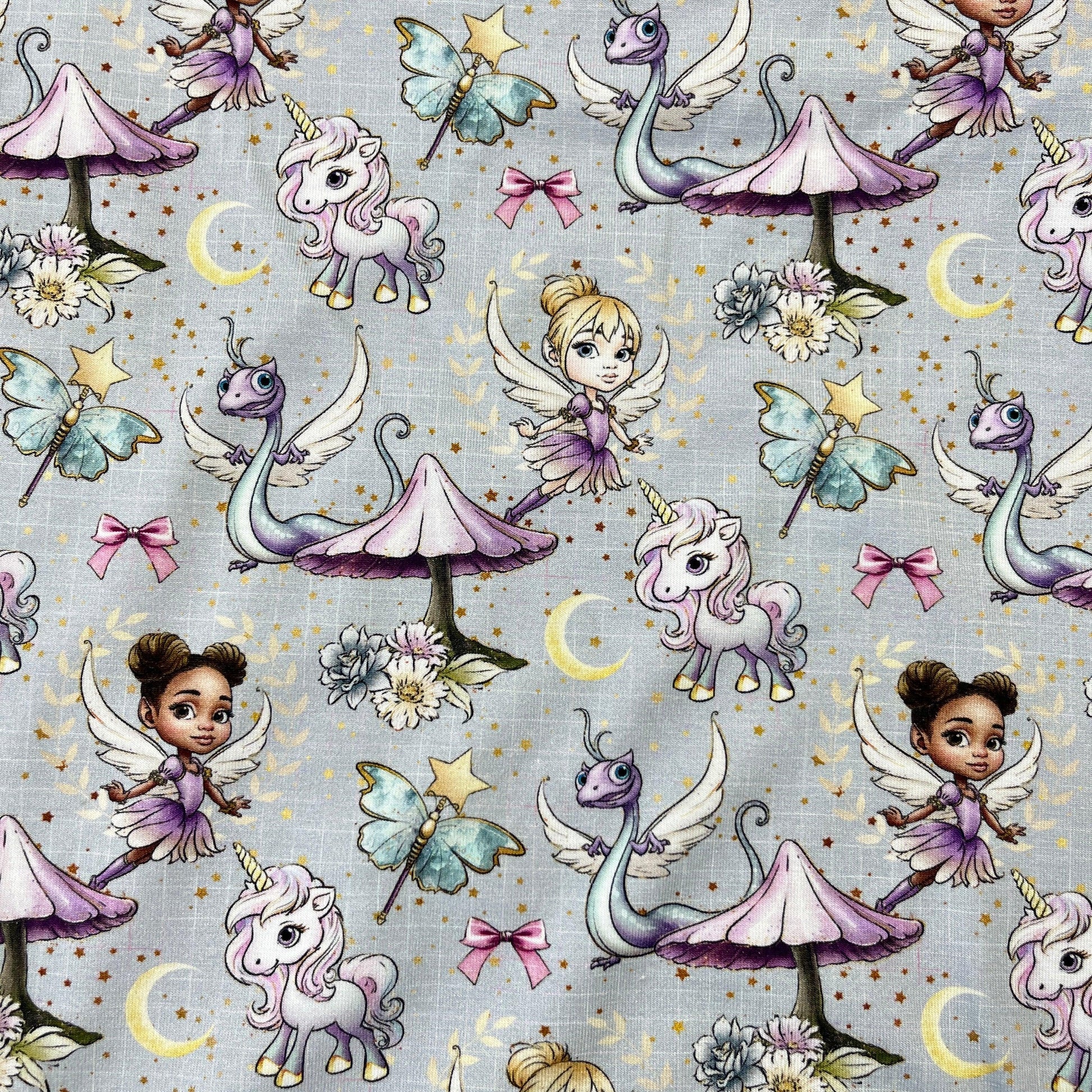 Fairies and Friends on Gray Bamboo/Spandex Jersey Fabric - Nature's Fabrics